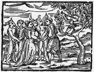 Heksene på sabbaten som danser til lyden av fiolinen - "Compendium Maleficarum", tar for seg heksene, deres ondskap og deres sortileges av Francesco Maria Guazzo eller Guaccio eller Guaccius (15?? -16??) 1608 Private Collection