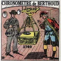 Tid: Marint kronometer oppfunnet av Ferdinand Berthoud (1727-1807) i 1760. Anonym illustrasjon fra 1925. Privat samling.
