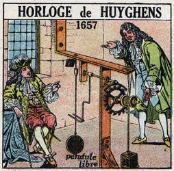 Tid: klokke en fri pendel oppfunnet av Christiaan Huygens (1629-1695) i 1657. Anonym illustrasjon fra 1925. Privat samling.