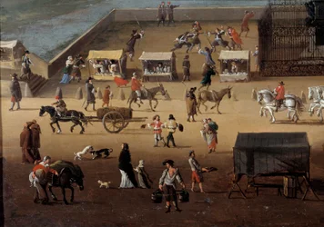 Trafikk på Pont Neuf i Paris på 1600-tallet Detalj. Anonymt maleri. Paris, Musee Carnavalet