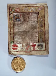 Traktaten i Amiens i august 1527, en allianse mellom kong Henrik VIII og den franske kong Frans I mot keiser Karl V. Paris, Nasjonalarkivet