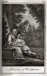 Vertumne og Pomone (Jupiter og Ceres): Vertumne, forelsket i nymfen Pomone, forkler seg som en gammel kvinne for å nærme seg henne. Gravering fra 1819 i «Lettres a Emilie sur la mythologie» av Charles Albert Demoustier (1760-1801). Privat samling.