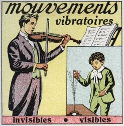 Vibrasjonsbevegelser: usynlig bevegelse (lyd av fiolinstrenger) og synlig bevegelse (stålstang med finger). Anonym illustrasjon fra 1925. Privat samling.