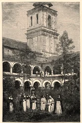 Utsikt over det dominikanske klosteret i Quito, Ecuador. Gravering i "The Catholic Missions in the XIXth Century" av Louis-Eugene (Louis Eugene) Louvet. privat samling.