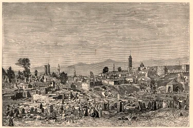 Utsikt over byen Erzurum (Erzurum) i Armenia (nå Tyrkia). Gravering i "The Catholic Missions in the XIXth Century" av Louis-Eugene (Louis Eugene) Louvet. privat samling.