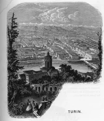 Utsikt over byen Torino (Torino), Italia. gravering av 1859 i "" galleriene i Europa - Italia"" av armengaud. Privat samling.