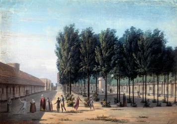 Utsikt over gårdsplassen til Paisibles på hospitset til Bicetre. De psykisk sykes vandring på sykehuset i 1824. Anonym gouache. Paris, Musee Carnavalet