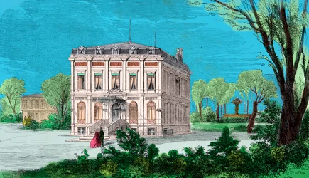 Utsikt over huset til Gioachino (Gioacchino, Giovacchino) Rossini (1792-1868) i Passy au Bois de Boulogne, gravering, privat samling