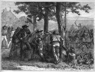 Den franske revolusjonskrig og bevegelser mot revolusjonære: beleiring og erobring av byen Lyon av den franske republikanske hæren 9. oktober 1793 mot de royalistiske troppene. Gravering fra 1866 i «Histoire de la Revolution francaise»» av Adolphe