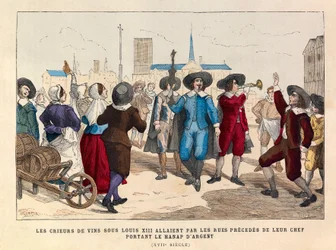 Vinutropere i Paris under Ludvig XIII gikk gjennom gatene i det 17. århundre, ledet av lederen sin, som bar hanapen av sølv - Vinselgere går gjennom gatene bak lederen sin, som bærer sølvbegeret, Ludvig XIIIs regjeringstid - privatsamling