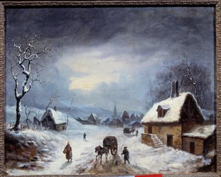 Vinterlandskap. En vogn på en snødekt vei. Anonymt maleri. Privat samling fra 1800-tallet