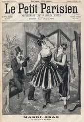Kvinner forbereder forkledning bak en skjerm og mann prøver masken sin i form av et elefantrør for Maskeballen til Mardi Gras (Mardi-Gras). En av avisen "" Le Petit Parisien"" den 19/02/1893.