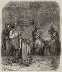 Arbeiderstyrker ved Rochefort Bagne på 1800-tallet. Gravering i «Fangernes historie fra deres skapelse til i dag» (1877) av Pierre Zaccone (1817-1895) (Colonia Penale - Straffekoloni). Privat samling.