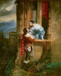Ung mann som frier til har en dame på balkongen sin Illustrasjon for «Romeo og Julie» av William Shakespeare (1564-1616). Anonymt maleri fra 1800-tallet. Lyon, musee des Beaux Arts - Ung mann som frier til en ung dame, balkongscene. Illustrasjon for "