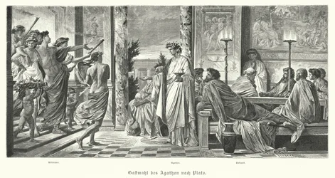 Bankett av Agathon og Platon, antikkens Hellas (gravering)