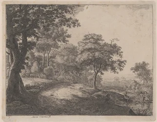En mann og en kvinne krysser en bekk, 1600-tallet.