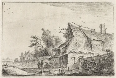 Utsikt over landsbyen med en vannmølle Landskap med bygninger (serietittel)