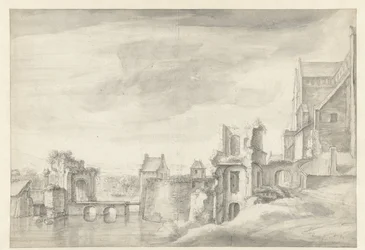 Utsikt over ruiner på en elvebredd (St. Walburgkerk i Arnhem?)