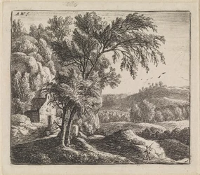 Landskap med hus ved en fjellvegg