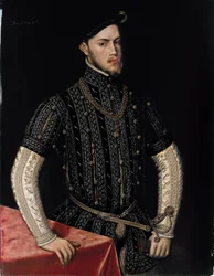 Portrett av Filip II (1527-1598), konge av Spania og Portugal - Maleri av Antonis (Anthonis) Mor (ca. 1517-1577), olje på tre (107,5x83,3 cm), ca. 1550 - Portrett av Filip II, konge av Spania og Portugal, Olje på tre av Antonis Mor, ca 1550 - Pr