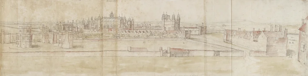 Hampton Court Palace fra nord (penn og brunt blekk og akvarell over svake indikasjoner i svart kritt)