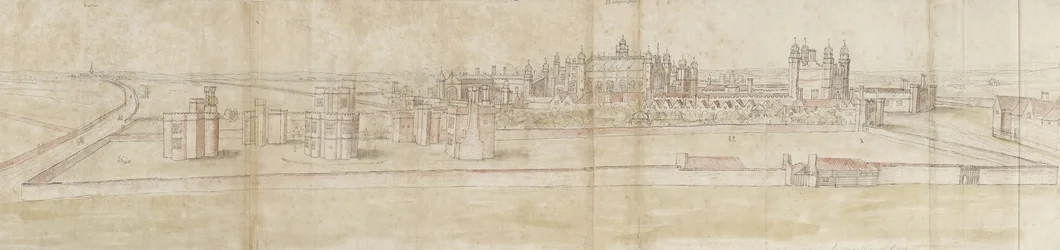 Hampton Court Palace fra nord (penn og brunt blekk og akvarell over svake indikasjoner i svart kritt)