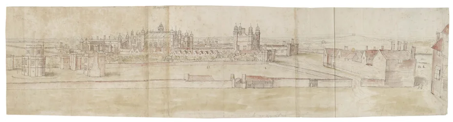Hampton Court Palace fra nord (penn og brunt blekk og akvarell over svake indikasjoner i svart kritt)