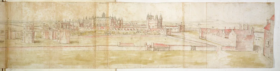 Hampton Court Palace fra nord, ca. 1544 (penn, blekk og wc på papir)