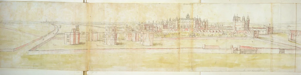 Hampton Court Palace fra nord, ca. 1544 (penn, blekk og wc på papir)