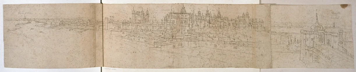 Hampton Court Palace fra elven, ca. 1544 (penn og blekk på papir)
