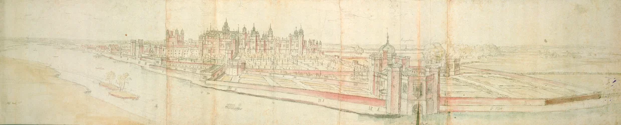 Hampton Court Palace fra elven, ca. 1544 (penn, blekk og wc på papir)