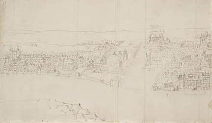 Panorama av London sett fra Southwark: Durham House til Barnards Castle (penn og blekk over svart kritt på papir)
