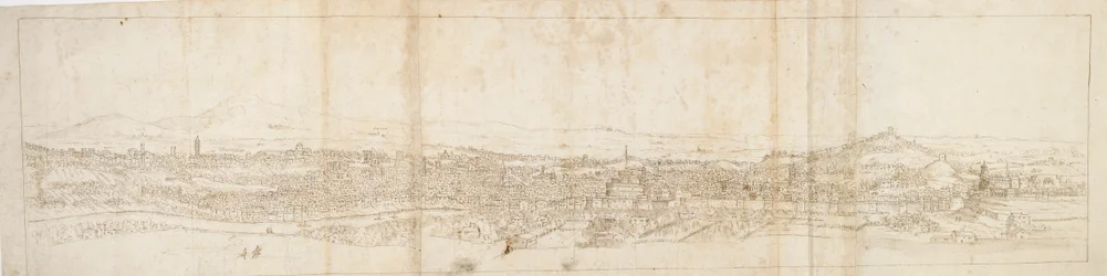Panoramautsikt over Roma fra Monte Mario, Castel S. Angelo i forgrunnen, c1550-tallet