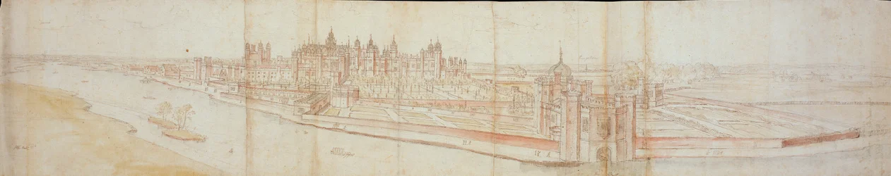 Utsikt over Hampton Court Palace fra sør, med elven i forgrunnen, 1558