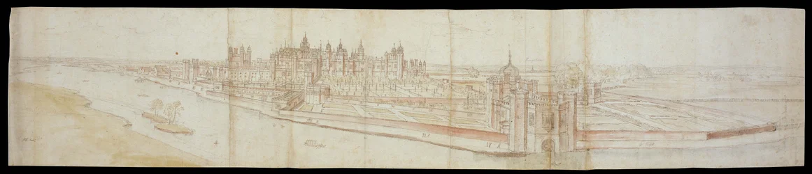 Utsikt over Hampton Court Palace fra sør, med elven i forgrunnen, 1558 (penn og brunt blekk og akvareller over svart kritt)