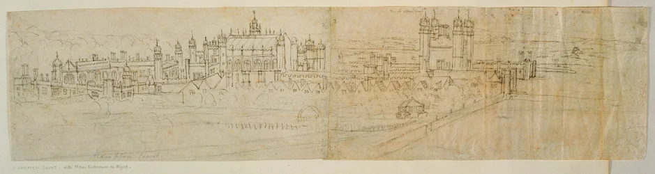 Utsikt over Hampton Court fra nord, fra 'The Panorama of London', ca. 1544 (penn og blekk på papir)