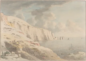 Utsikt over nålene og de hvite klippene tatt fra Allum Bay, Isle of Wight