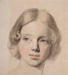 Head of Emma Sandys (farget kritt på buff-papir)