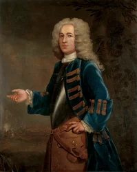 Portrett av Henry Boyle, Captain of Horses, i et landskap, med et slag utover, 1730