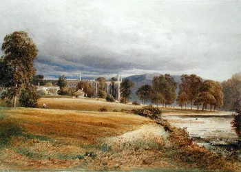 Bolton Abbey fra River Wharfe, South View, ca. 1825 (akvarell på papir)