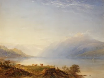 Storfe ved en innsjø med fjell bortenfor (akvarell)