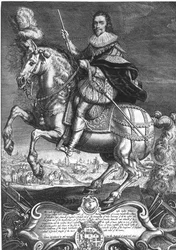 Rytterportrett av George Villiers (1592-1628) 1. hertug av Buckingham, gravert av Willem de Passe (1598-1637) 1625 (gravering)