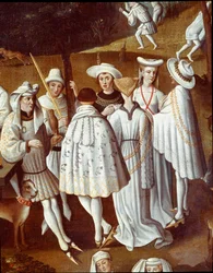 Kjærlighetens hage ved hoffet til Filip III den gode, hertugen av Burgund, i hagen til slottet Hesdin i 1432 Fetes gitt i anledning bryllupet til hans kammerherre Andre de Toulongeon. Detalj. Maleri av Anton Van Dyck (1599-1641)