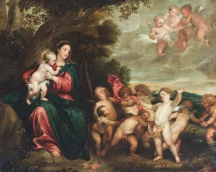 Madonnaen og barnet i et landskap møtt av døperbarnet og engler (olje på lerret.)