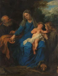Den hellige familie med en kvinnelig helgen i tilbedelse, ca. 1630–1650 (olje på lerret)