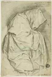 Drapert med hettekledd figur (rekto); to skisser av svaner i vann (verso)