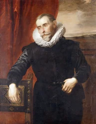 Portrett av Frans Snyders, halvfigur, i svart drakt, lent mot en stol, med et landskap i bakgrunnen