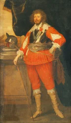 Portrett av en adelsmann, sies å være Henry Rich, 1. jarl av Holland, i full lengde, iført brystplate, skjær og sverd, hånden hans hviler på en pinne, en hjelm på en sokkel, står foran en drapert søylegang,