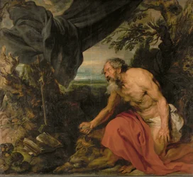 Den hellige Jerome, malt da Van Dyck jobbet i Rubens#39; verksted (maleri på lerret)