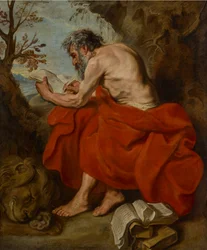 St. Hieronymus som eremitt i et landskap, lesende